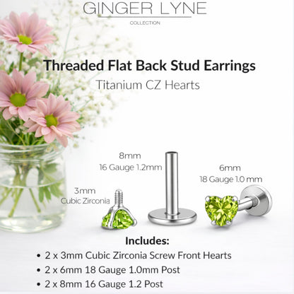 Small Heart CZ Solitaire Flat Back Stud Earrings Titanium Body Piercings by Ginger Lyne 2 Sets Post 6mm 8mm - 3mm-PeridotGreen