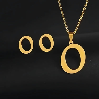 Initial Letter Pendant Necklace Earrings Set for Women Gold Plated Stainless Steel by Ginger Lyne - O
