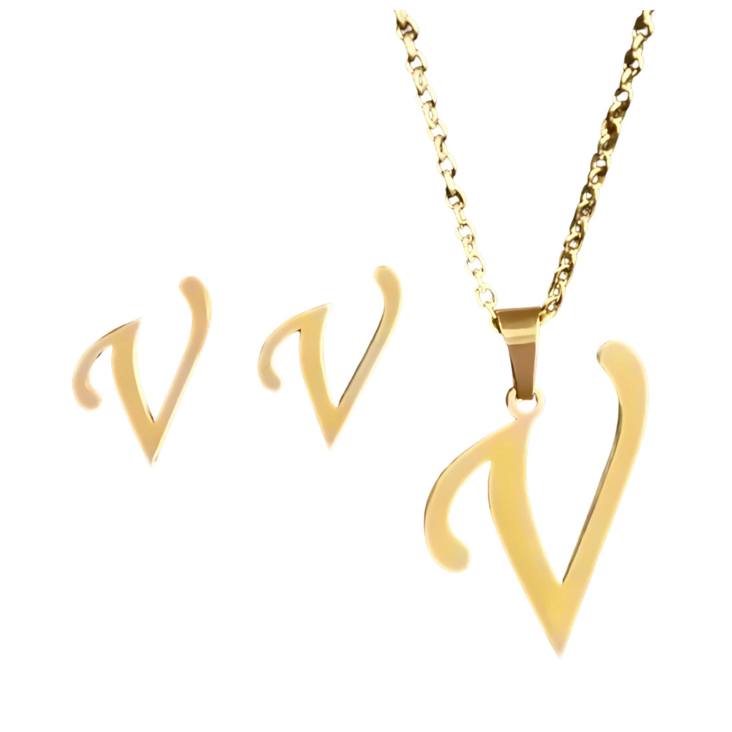 InitialLetterPendantNecklaceEarringsSetforWomenGoldPlatedStainlessSteelbyGingerLyne_V-1