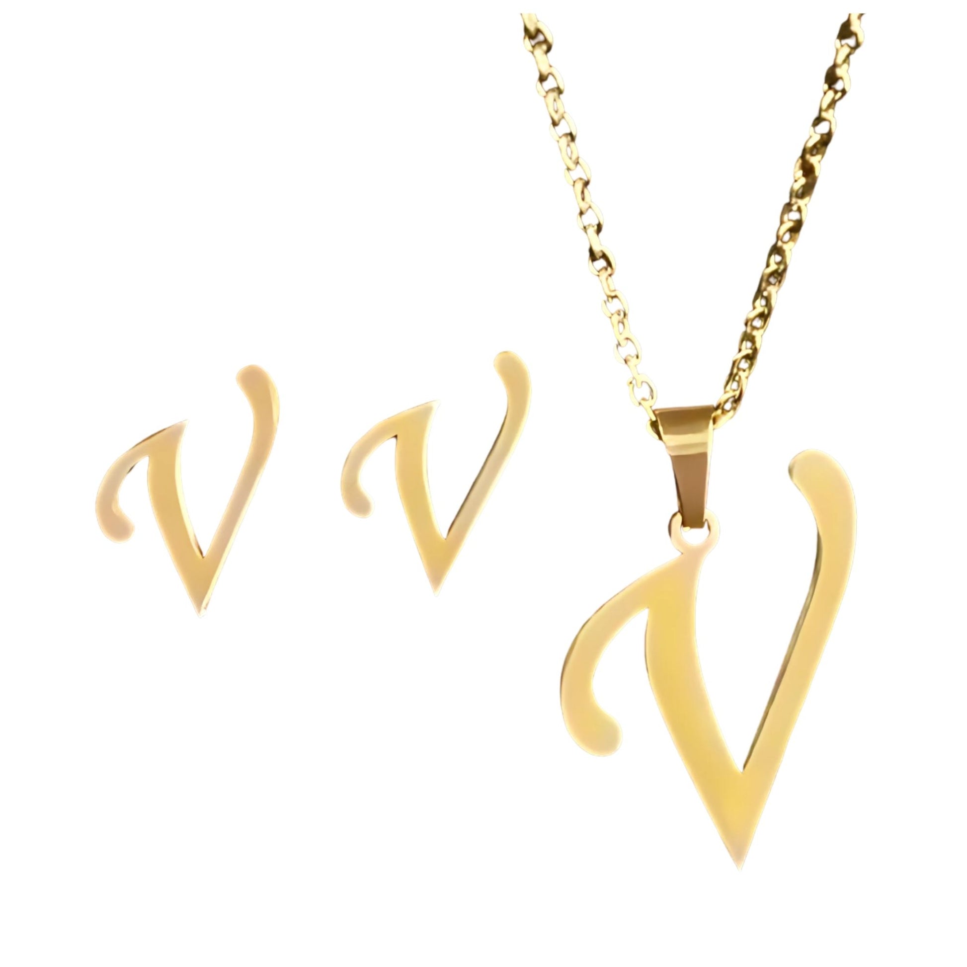InitialLetterPendantNecklaceEarringsSetforWomenGoldPlatedStainlessSteelbyGingerLyne_V-1