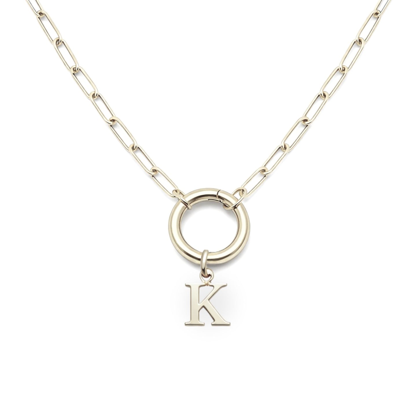 PaperclipLinkCircleCarabinerIntialLetterCharmHolderNecklaceforWomenStainlessSteel20"GingerLyne_Silver-K-1