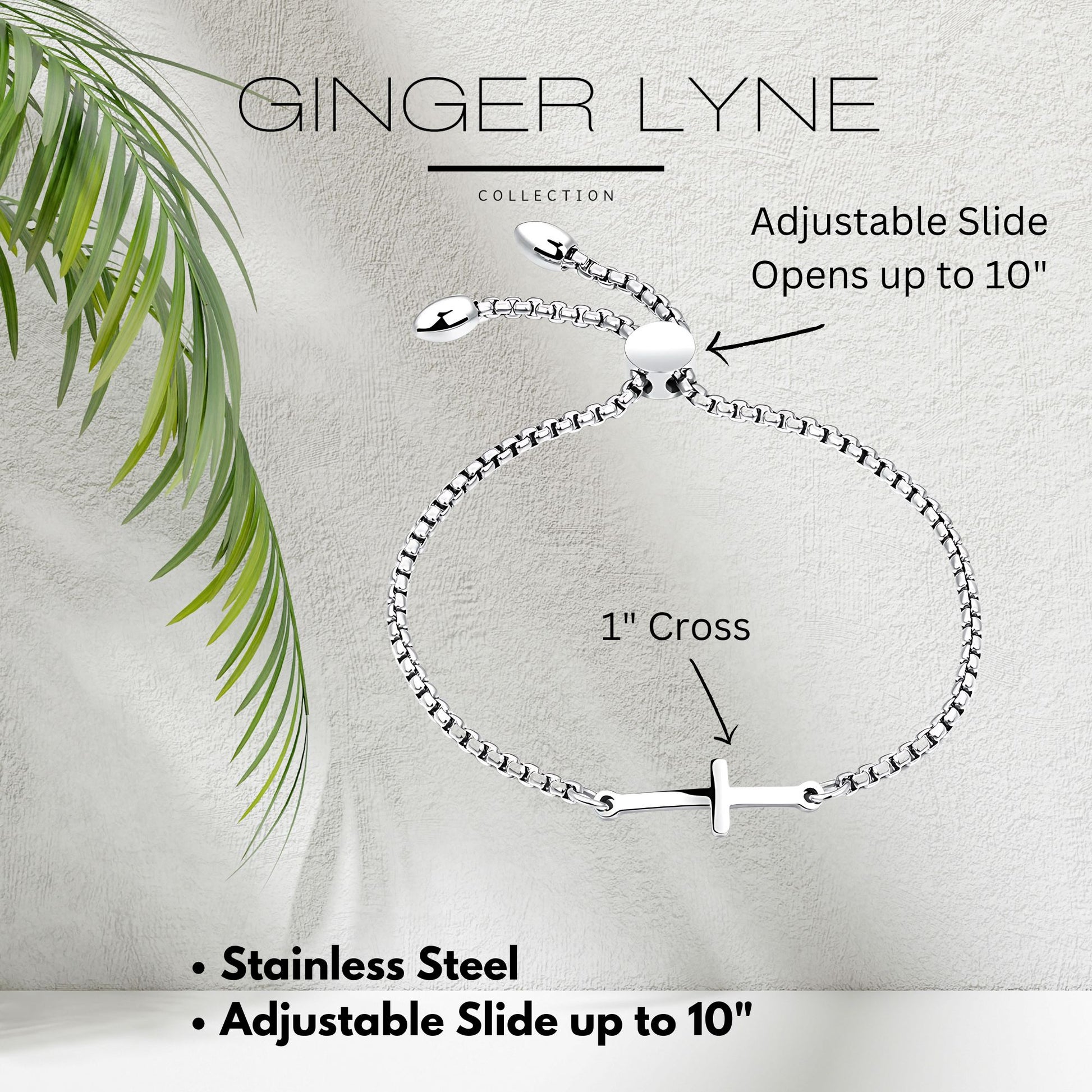 Religious Cross Bracelet by Ginger Lyne Adjustable Stainless Steel Chain Silver or Gold Finish - Silver