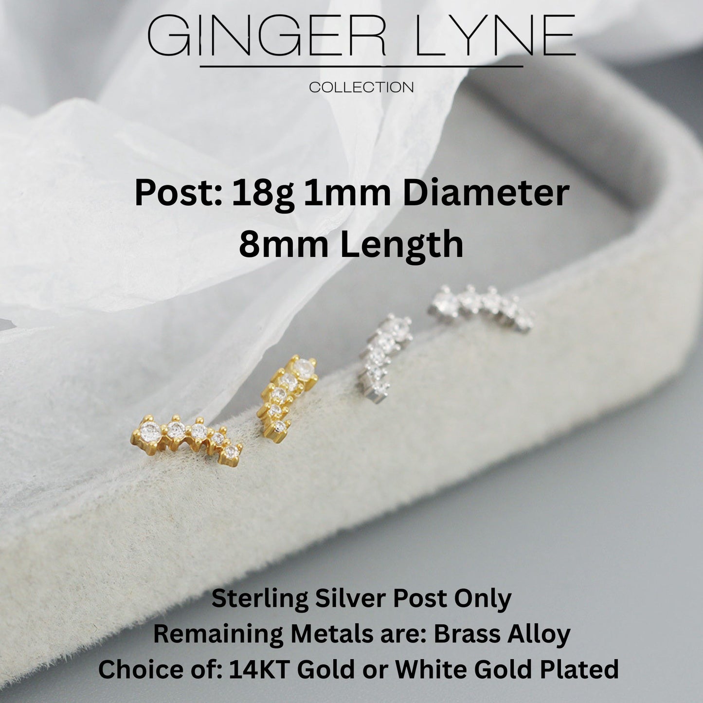 Graduated CZ Crawler Earrings for Women Sterling Silver 18G 8mm Cartilage Helix Upper Lobe Body Piercing Ginger Lyne - Silver