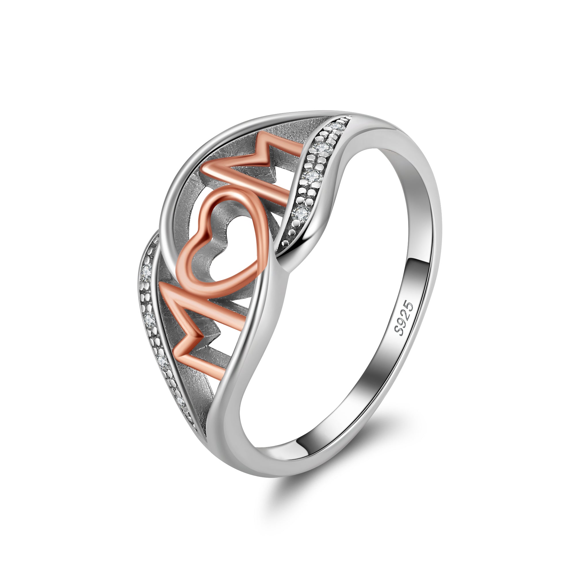 Mom Heart Ring White and Rose Gold Sterling Silver Womens Ginger Lyne Collection