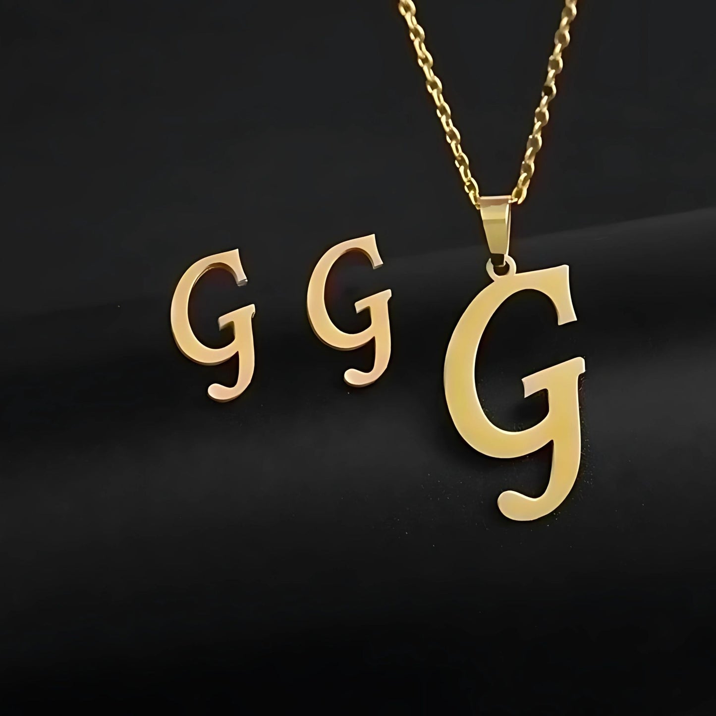 Initial Letter Pendant Necklace Earrings Set for Women Gold Plated Stainless Steel by Ginger Lyne - G