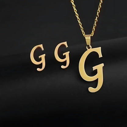 Initial Letter Pendant Necklace Earrings Set for Women Gold Plated Stainless Steel by Ginger Lyne - G