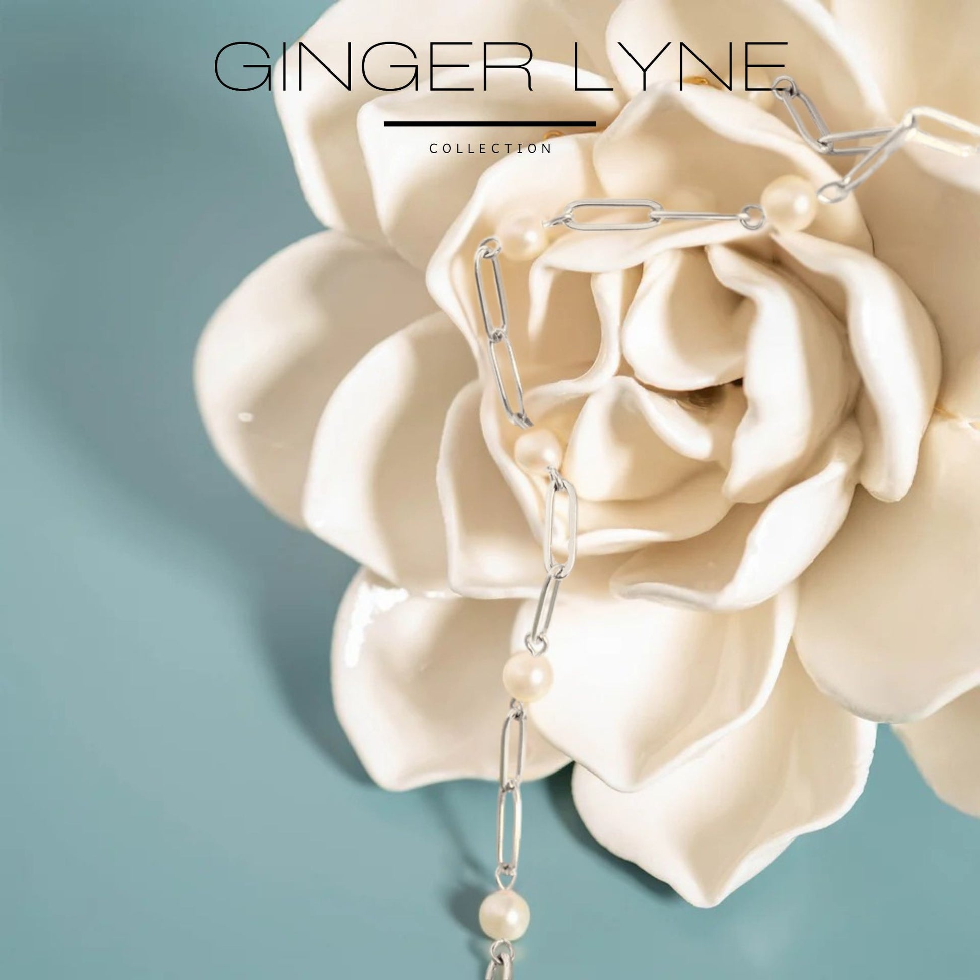Simulated Pearl Paperclip Chain Necklace for Women Gold Stainless Steel Ginger Lyne Collection - Silver