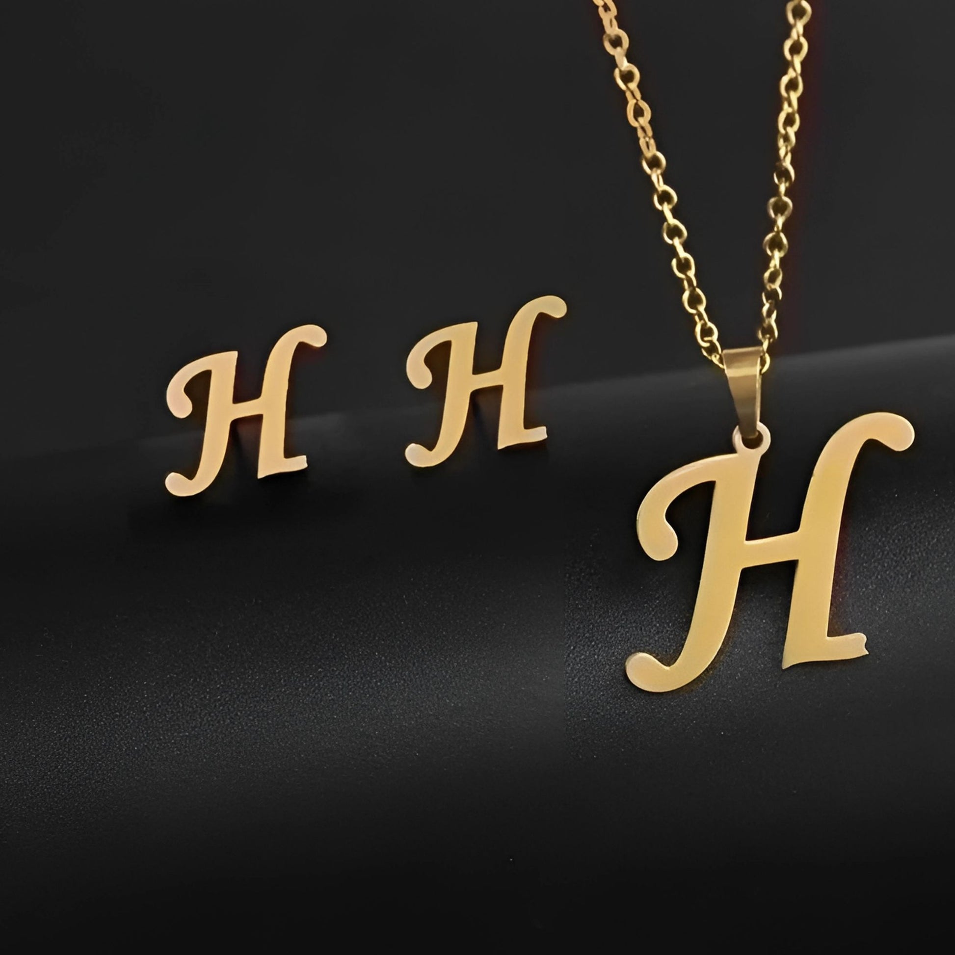 Initial Letter Pendant Necklace Earrings Set for Women Gold Plated Stainless Steel by Ginger Lyne - H