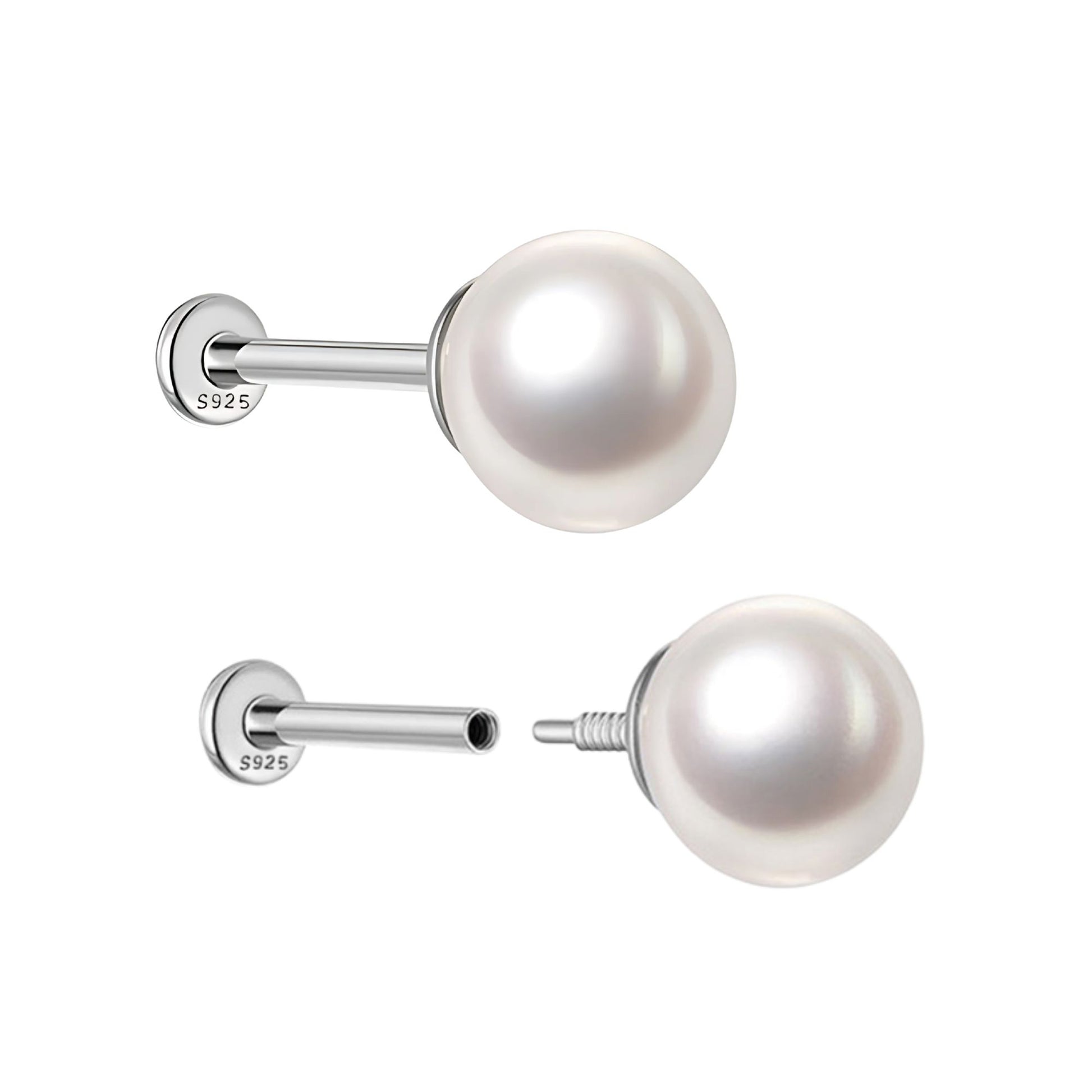 PearlFlatBackEarringsforWomenSterlingSilverCartilageHelixUpperLobeBodyPiercingStudGingerLyne_Silver-1