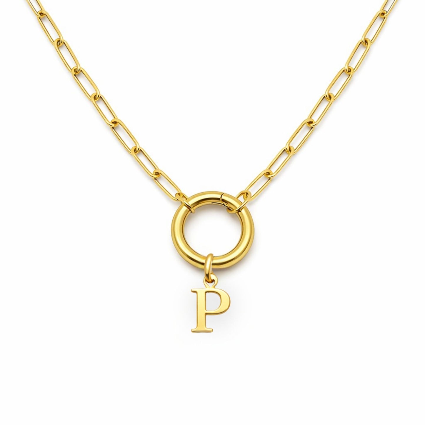 PaperclipLinkCircleCarabinerIntialLetterCharmHolderNecklaceforWomenStainlessSteel20"GingerLyne_Gold-P-1