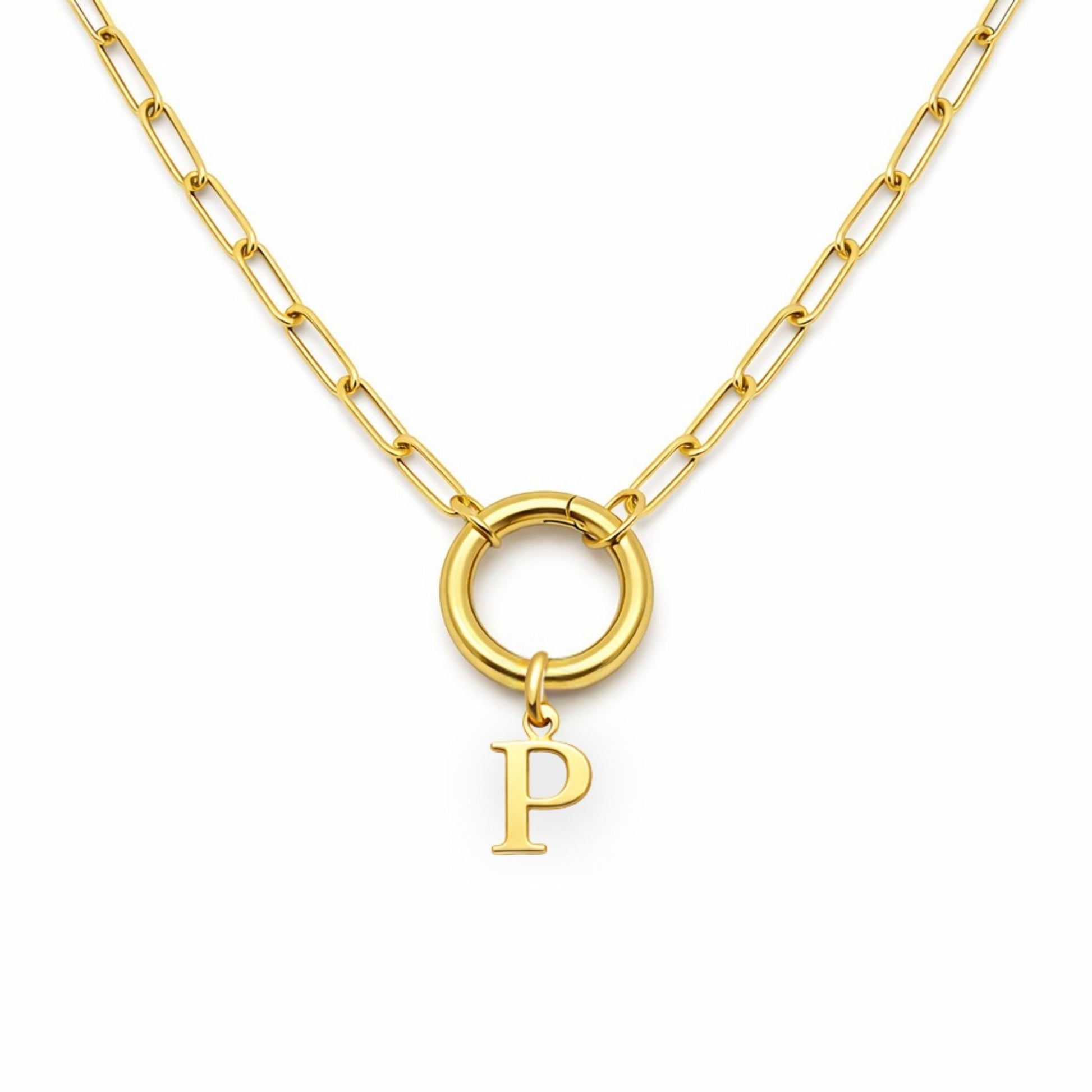 PaperclipLinkCircleCarabinerIntialLetterCharmHolderNecklaceforWomenStainlessSteel20"GingerLyne_Gold-P-1