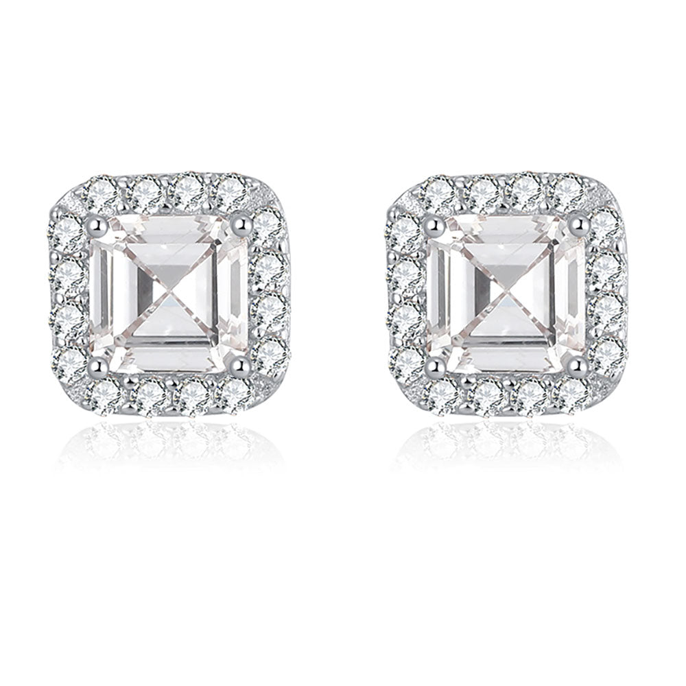 Square Halo Stud Earrings for Women Clear Cz Sterling Silver Womens Ginger Lyne Collection - White Gold