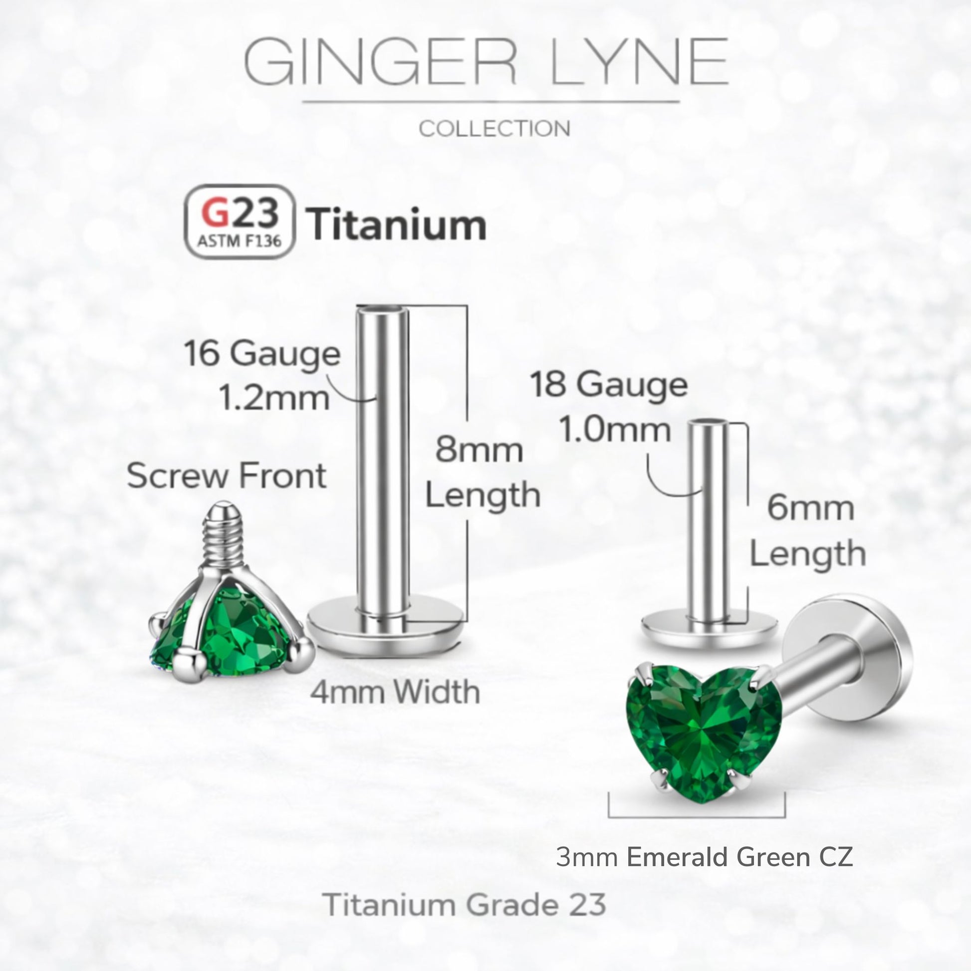 Small Heart CZ Solitaire Flat Back Stud Earrings Titanium Body Piercings by Ginger Lyne 2 Sets Post 6mm 8mm - 3mm-DkGreen