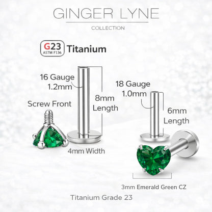 Small Heart CZ Solitaire Flat Back Stud Earrings Titanium Body Piercings by Ginger Lyne 2 Sets Post 6mm 8mm - 3mm-DkGreen