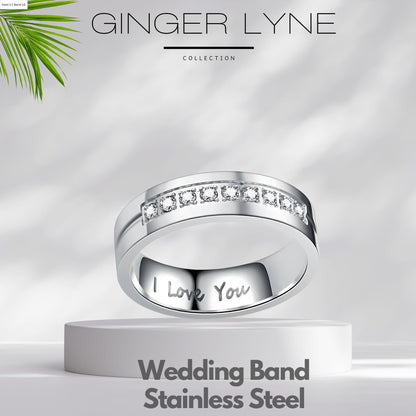 6mmWeddingBandforMenorWomenbyGingerLyneInscribedILoveYouStainlessSteelCZ_Silver-2