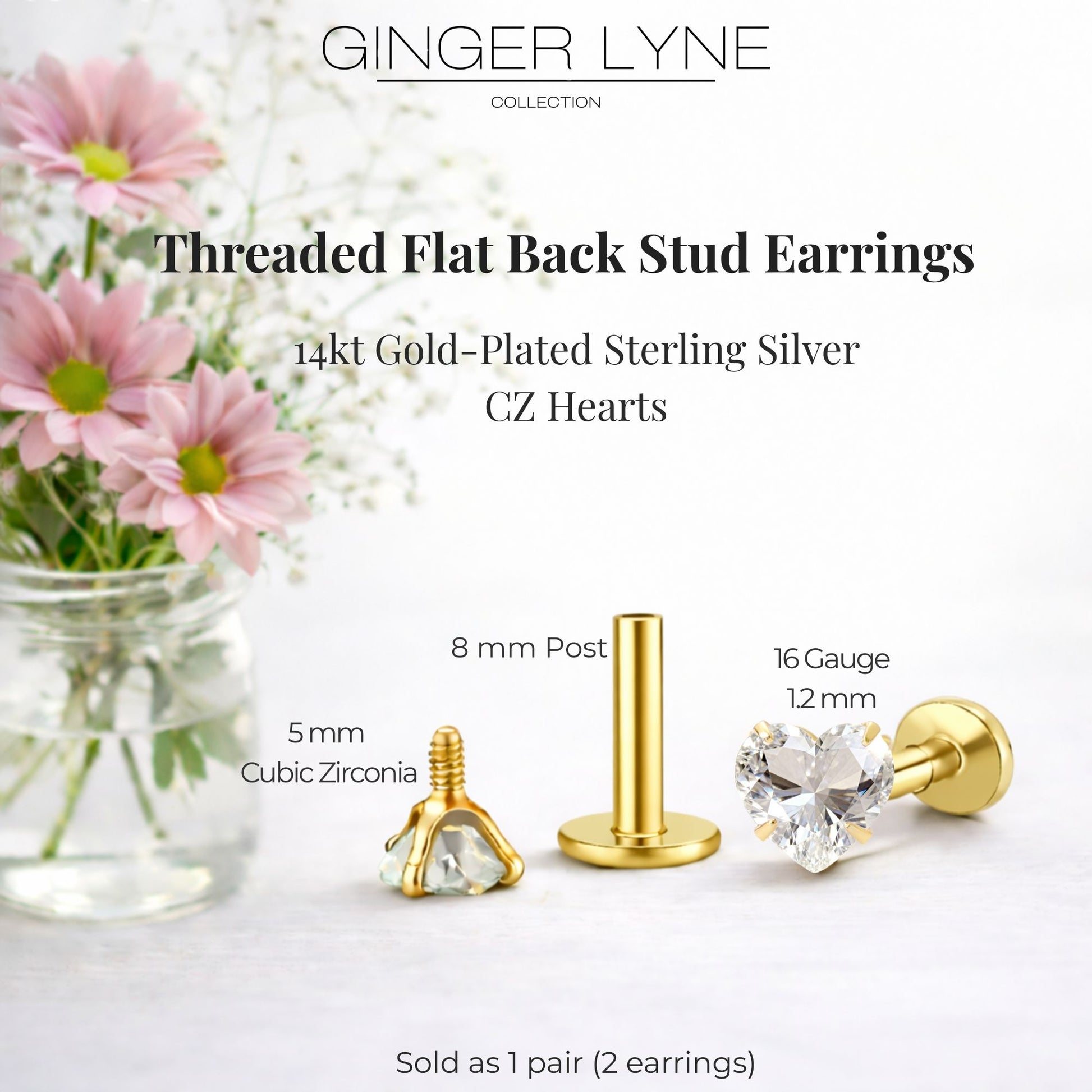 Ginger Lyne Solitaire Heart Flat Back Stud Earrings Sterling Silver Cubic Zirconia Body Jewelry - Gold-5mmCZ-16G-8mmPost