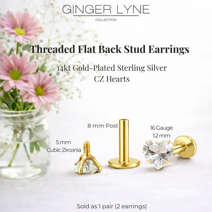 Ginger Lyne Solitaire Heart Flat Back Stud Earrings Sterling Silver Cubic Zirconia Body Jewelry - Gold-5mmCZ-16G-8mmPost