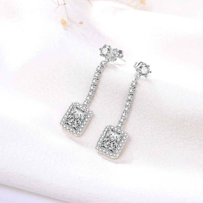 Clear Cubic Zirconia Halo Dangle Earrings for Women Sterling Silver 8x6mm Emerald Cut by Ginger Lyne - Clear