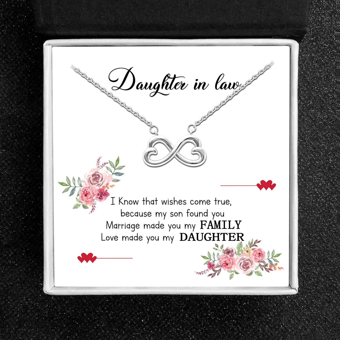 Daughter In Law Greeting Card Sterling Silver Infinity Hearts Necklace in Gift Box Ginger Lyne Collection - GC-1696