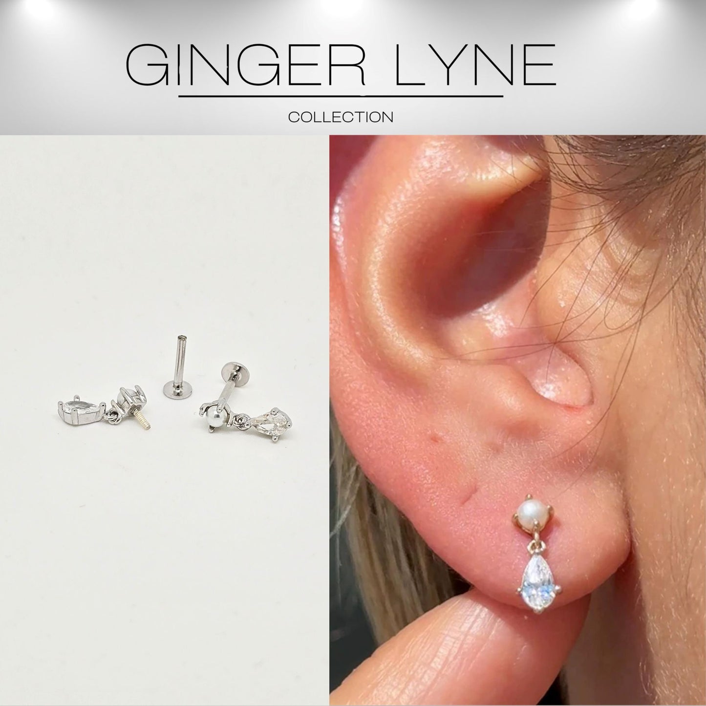 Pearl Dangle Flat Back Earrings for Women Sterling Silver 16g Cartilage Helix Lobe Body Piercing Stud Ginger Lyne - Silver