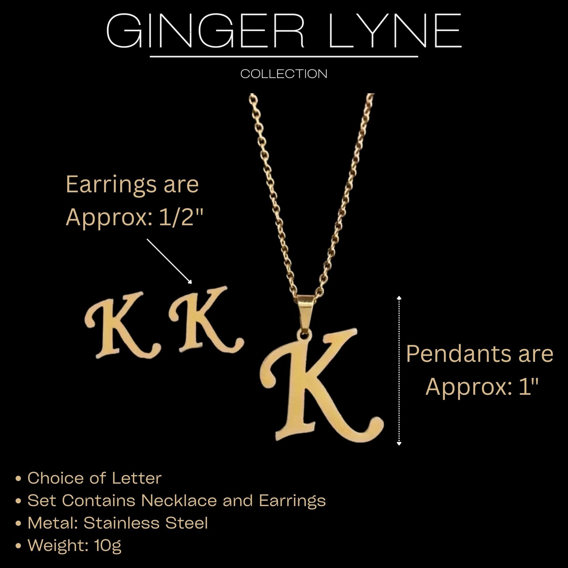InitialLetterPendantNecklaceEarringsSetforWomenGoldPlatedStainlessSteelbyGingerLyne_A-4