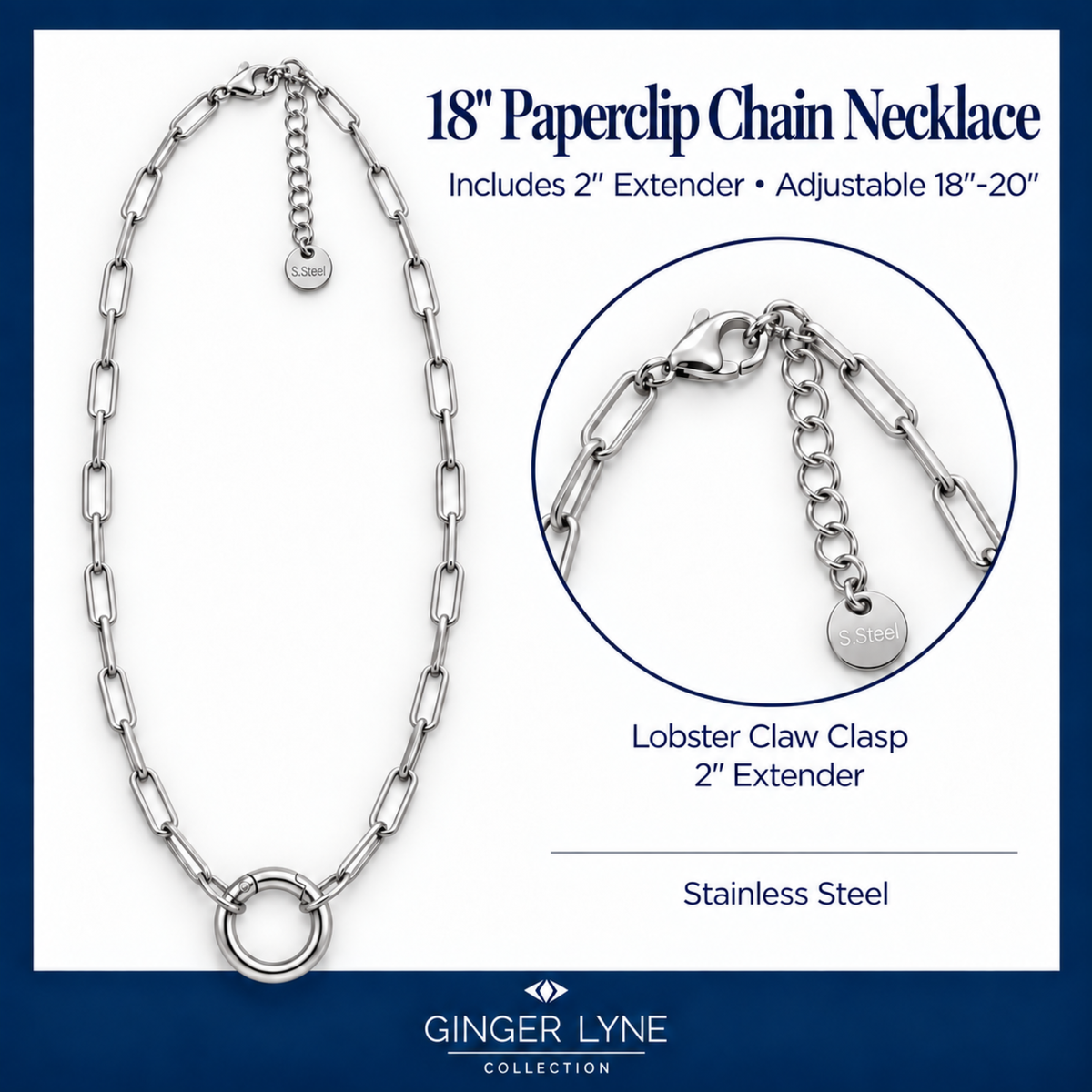 Carabiner Charm Necklace for Women Paperclip Chain Round Carabiner Holder Stainless Steel by Ginger Lyne - 14mm/Silver