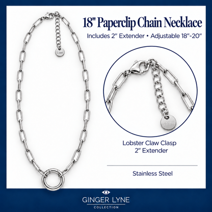Carabiner Charm Necklace for Women Paperclip Chain Round Carabiner Holder Stainless Steel by Ginger Lyne - 14mm/Silver