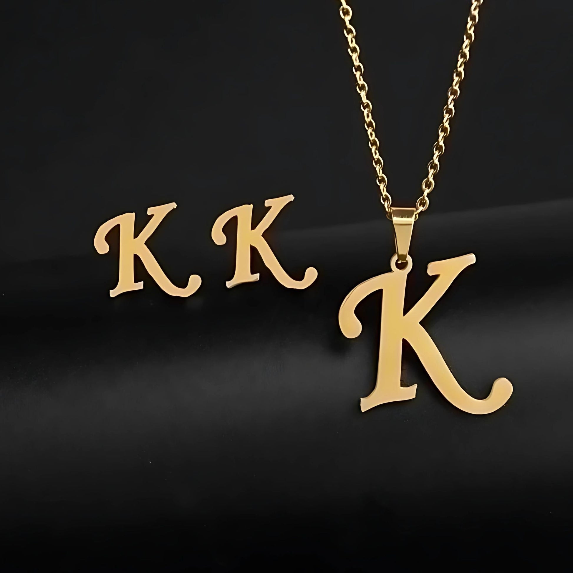 Initial Letter Pendant Necklace Earrings Set for Women Gold Plated Stainless Steel by Ginger Lyne - k