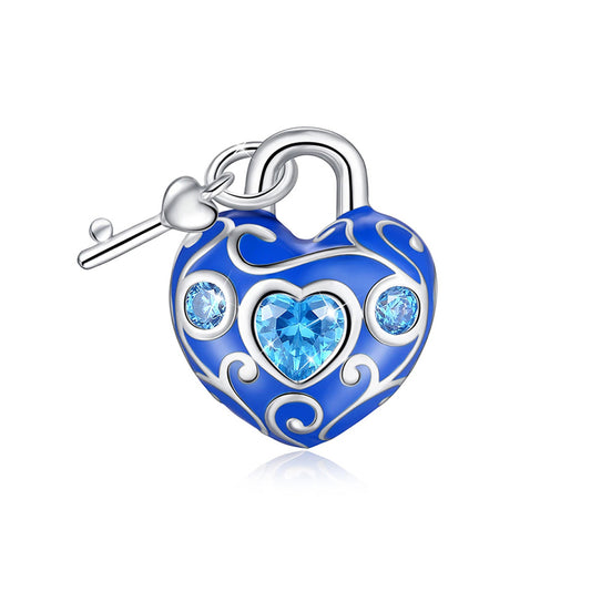 Heart Key Charm European Bead Sterling Silver Blue CZ Ginger Lyne Collection