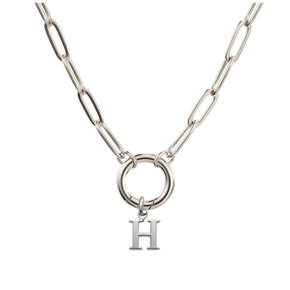 PaperclipLinkCircleCarabinerIntialLetterCharmHolderNecklaceforWomenStainlessSteel20"GingerLyne_Silver-H-1