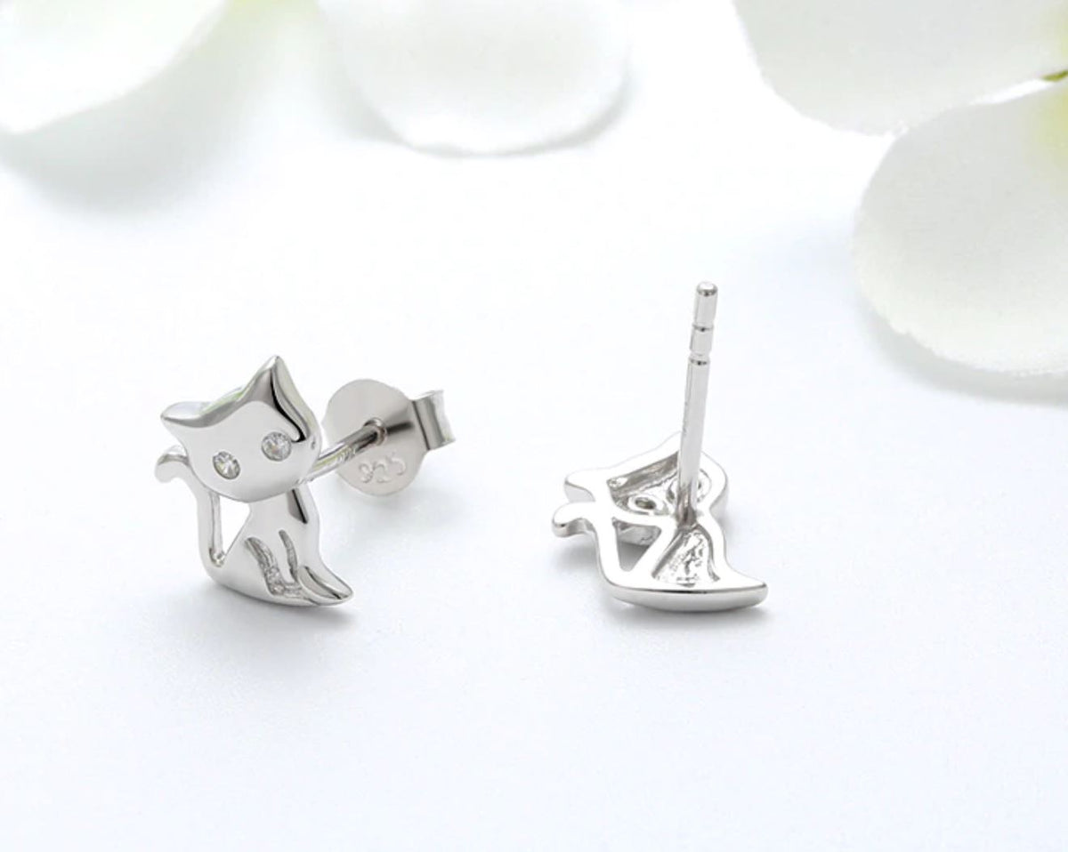 Kitty Cat Stud Earrings for Women Sterling Silver Cubic Zirconia Ginger Lyne Collection - Silver