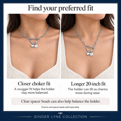 Silver Tone Heart Carabiner Charm Holder Necklace Paperclip Chain 22mm Heart Clasp 18-20 Inch Stainless Steel by Ginger Lyne - Silver-PaperclipChain/Heart CH