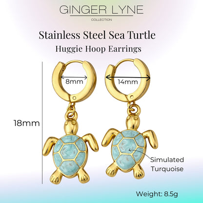 SeaTurtleCharmDangleHuggieHoopEarringsGoldPlatedStainlessSteelbyGingerLyne_Gold-3