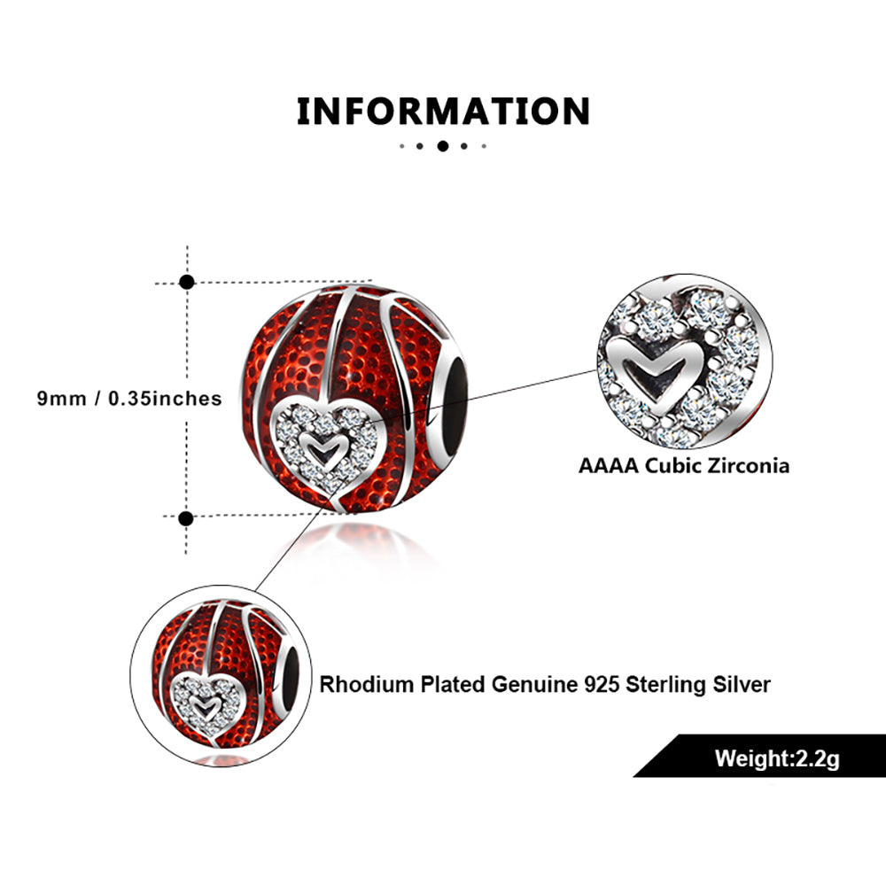 Love Basketball Charm European Bead CZ Red Sterling Silver Ginger Lyne Collection