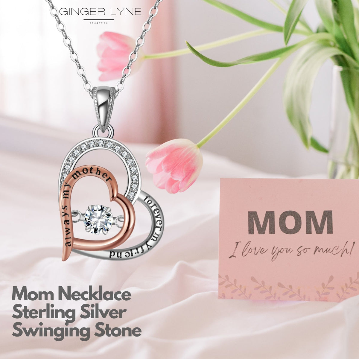 Birthstone Mom Necklace for Mother by Ginger Lyne Sterling Silver Swinging CZ - January