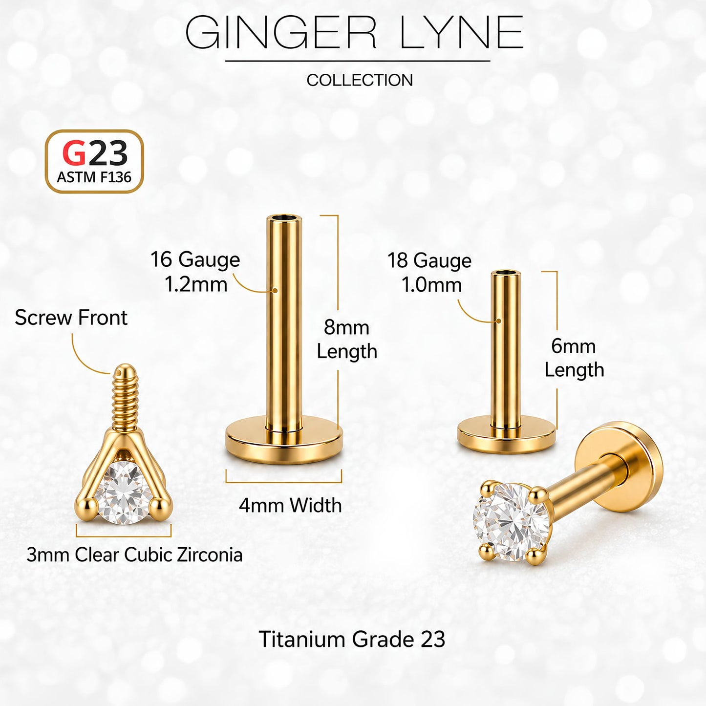 Gold Plated Titanium Flat Back Earrings Round Solitaire CZ Stud Earrings for Women, Body Jewelry, Conch Helix Tragus Labret Piercing 6Pc