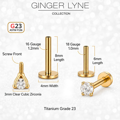Gold Plated Titanium Flat Back Earrings Round Solitaire CZ Stud Earrings for Women, Body Jewelry, Conch Helix Tragus Labret Piercing 6Pc