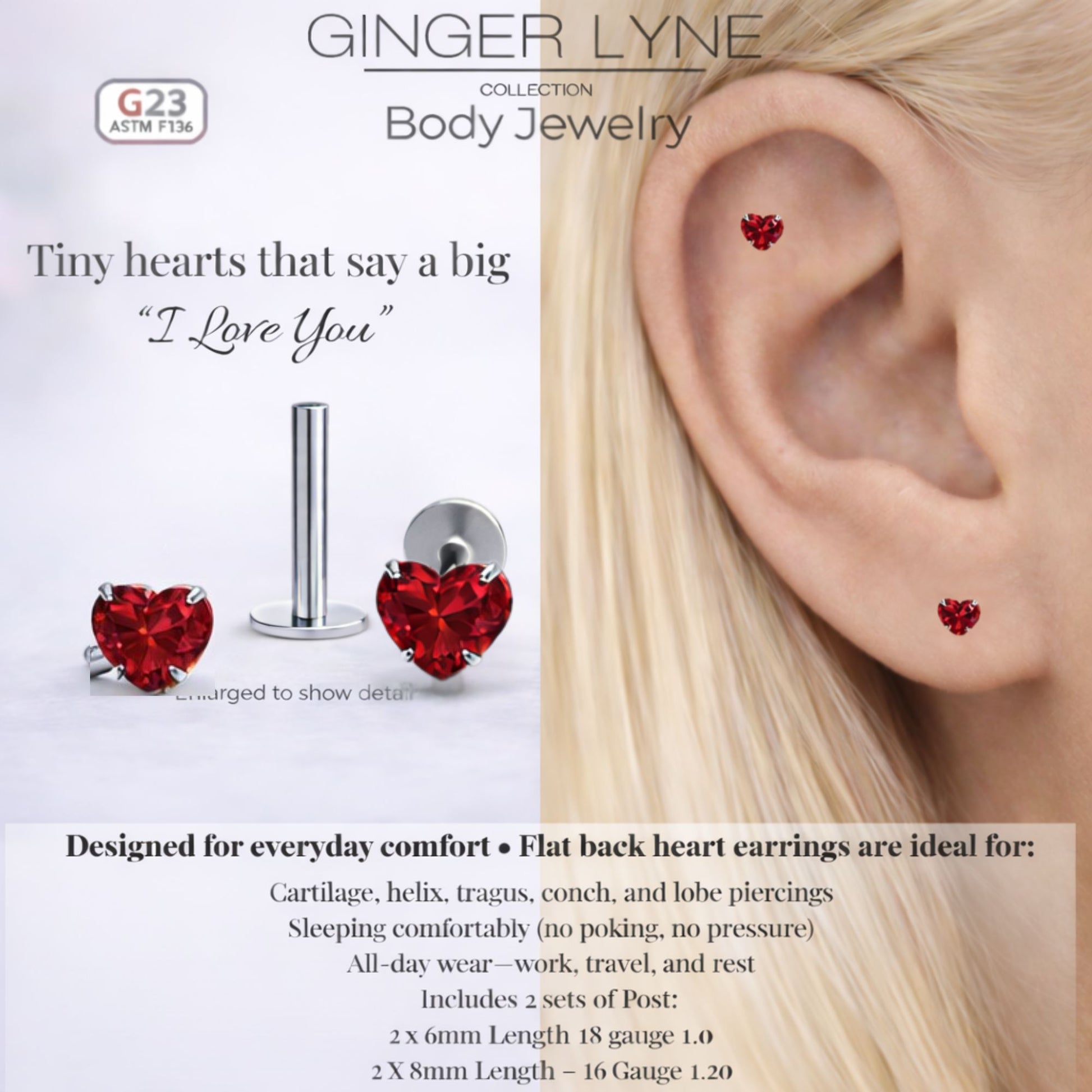 Small Heart CZ Solitaire Flat Back Stud Earrings Body Piercings by Ginger Lyne 2 Sets Post 6mm 8mm Included - 5mm-Red