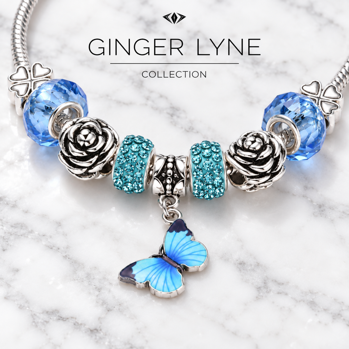 BlueButterflyCharmBraceletforWomenFourLeafCloverSnakeChainbyGingerLyne_Blue-3
