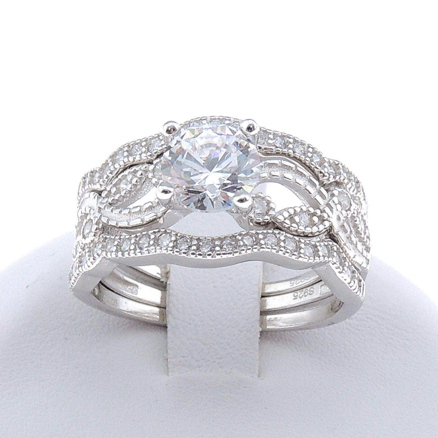 BridalSetEngagementRingTwoWeddingBandSterlingSilverBandsGingerLyneCollection_Silver-6