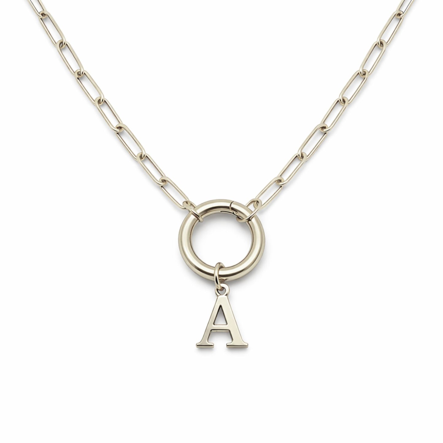 PaperclipLinkCircleCarabinerIntialLetterCharmHolderNecklaceforWomenStainlessSteel20"GingerLyne_Silver-A-1