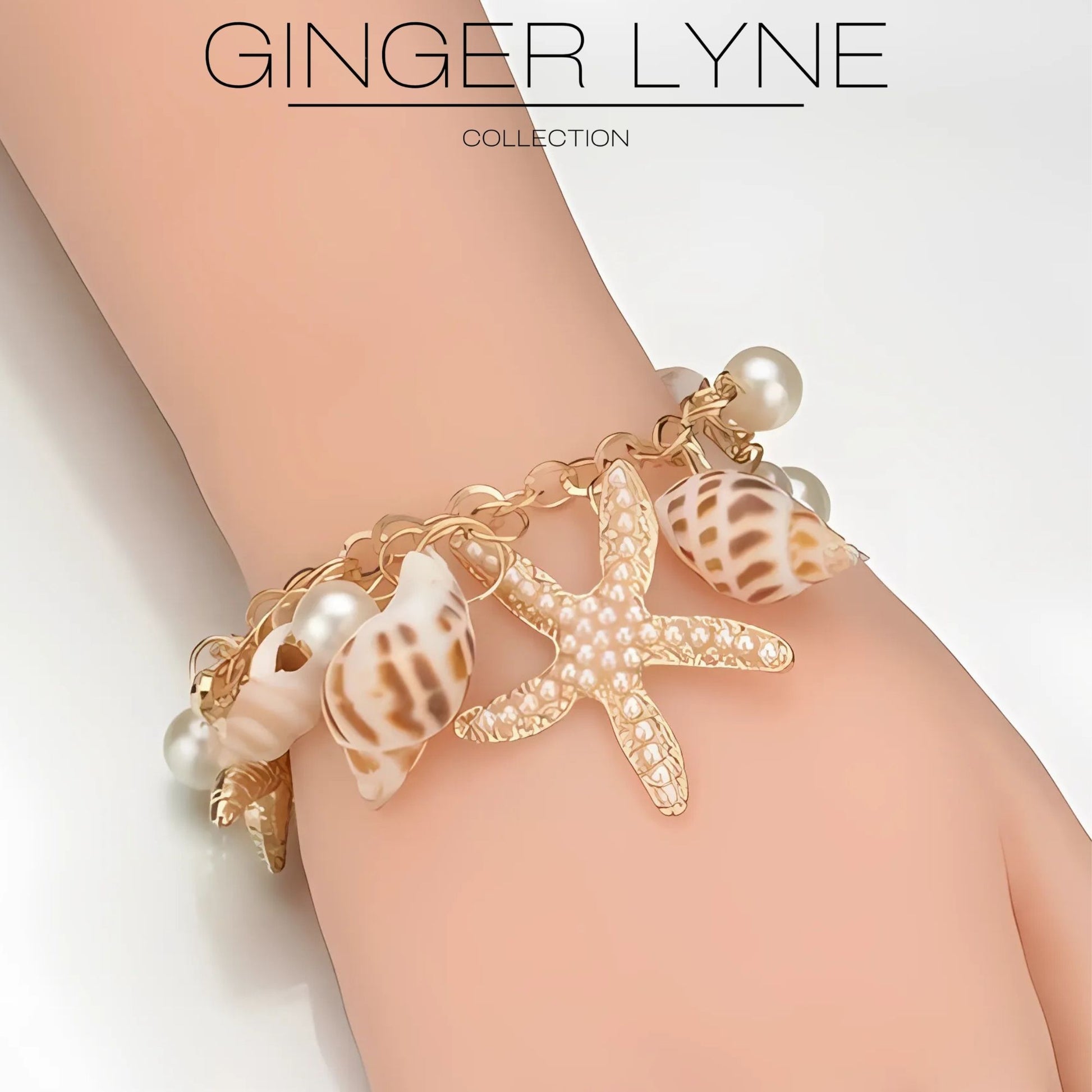 Seashell Charm Bracelet for Women by Ginger Lyne Gold Plated Pearls Starfish and Shells - Silver