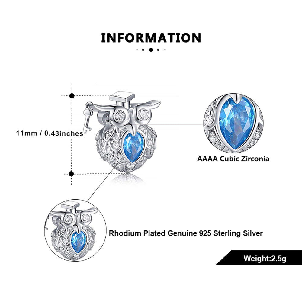 Owl Charm European Bead Blue CZ Sterling Silver Green Enamel Ginger Lyne Collection - Owl-107