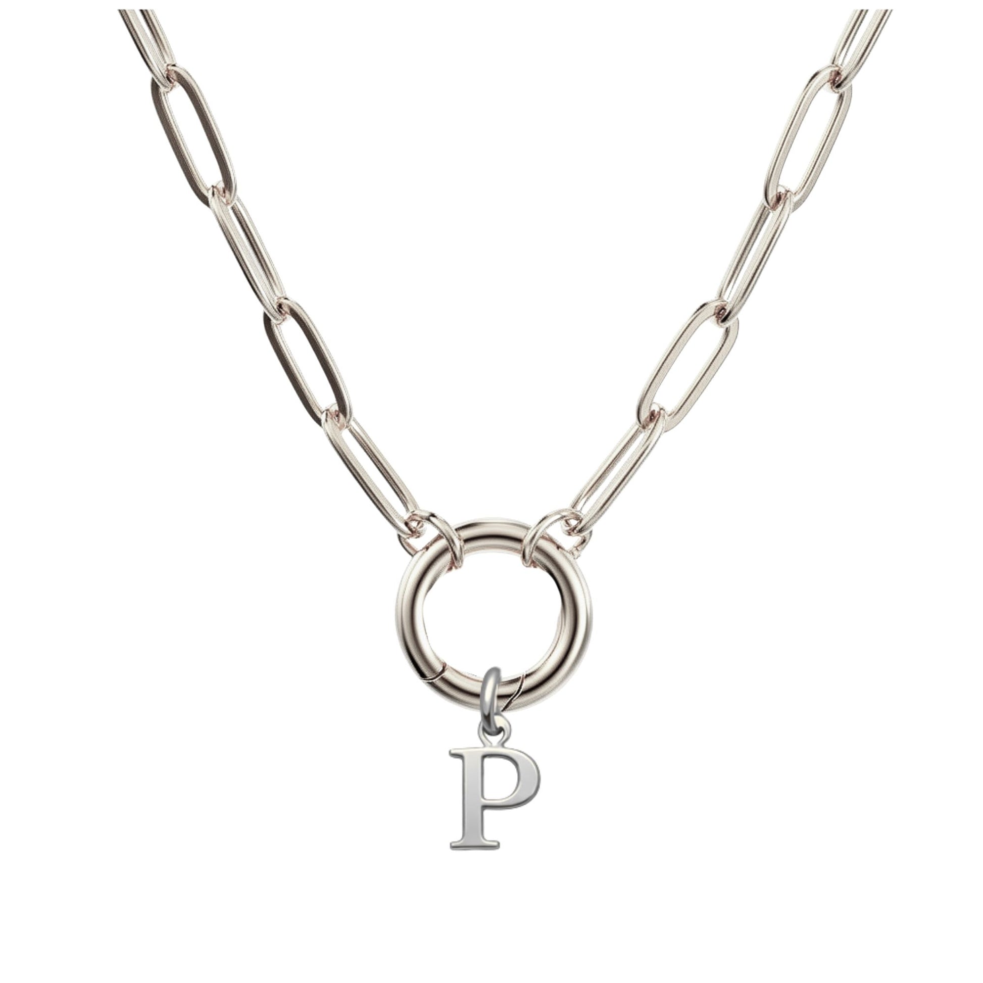 PaperclipLinkCircleCarabinerIntialLetterCharmHolderNecklaceforWomenStainlessSteel20"GingerLyne_Silver-P-1