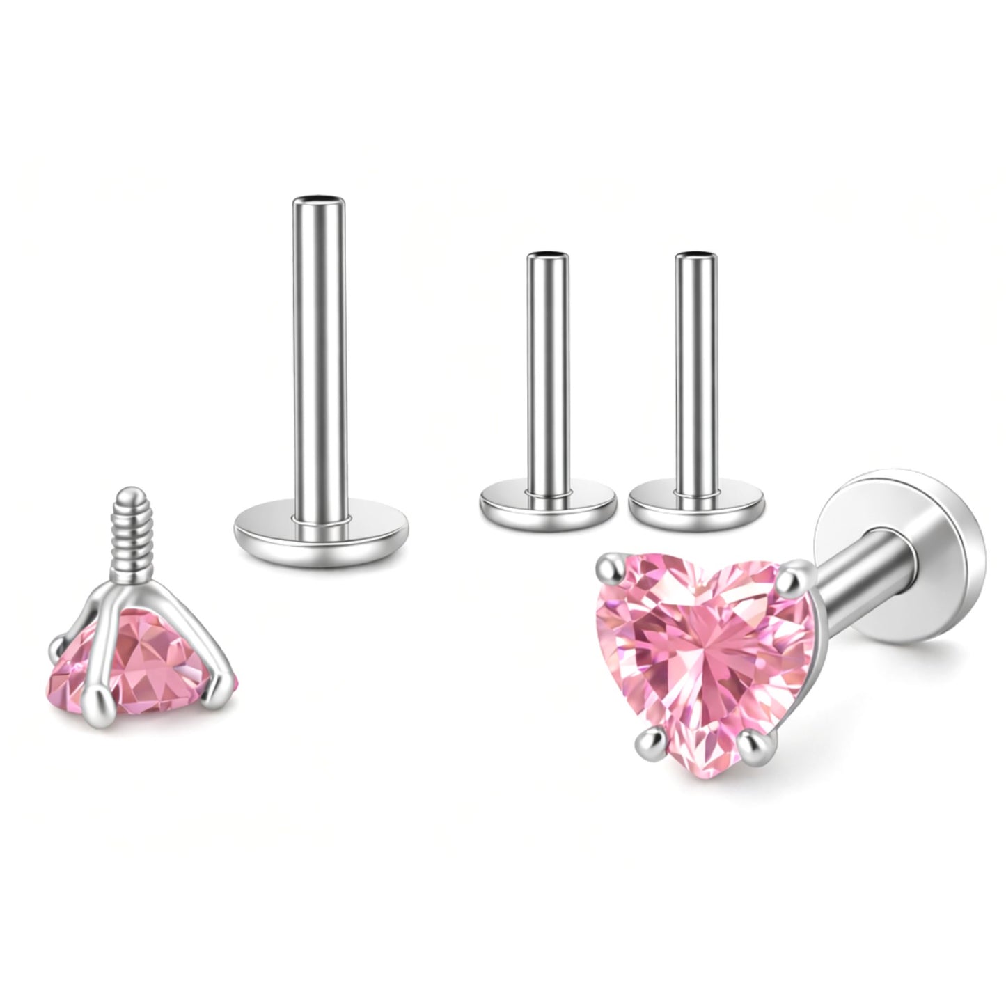 SmallHeartCZSolitaireFlatBackStudEarringsBodyPiercingsbyGingerLyne2SetsPost6mm8mmIncluded_5mm-Pink-1