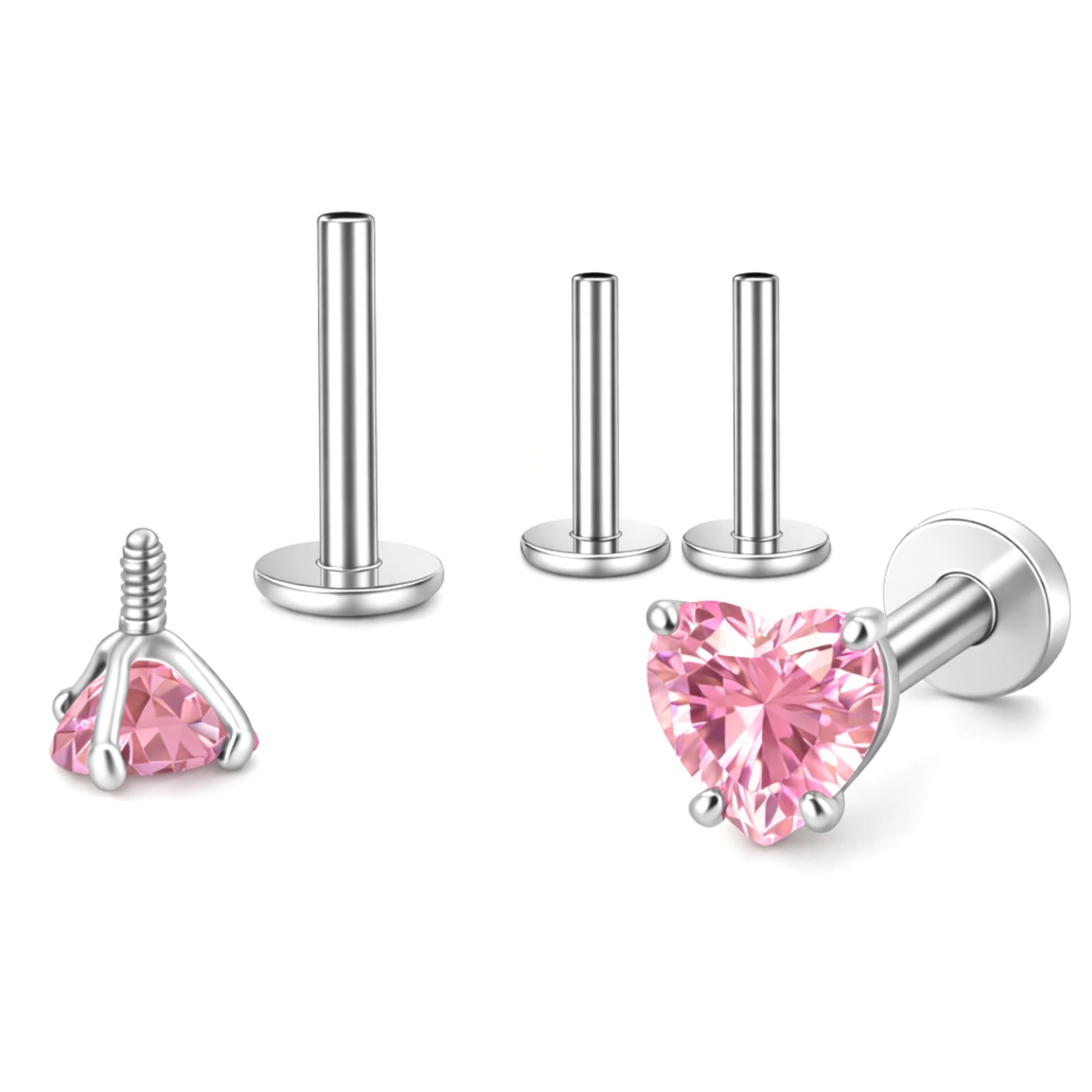 SmallHeartCZSolitaireFlatBackStudEarringsBodyPiercingsbyGingerLyne2SetsPost6mm8mmIncluded_5mm-Pink-1