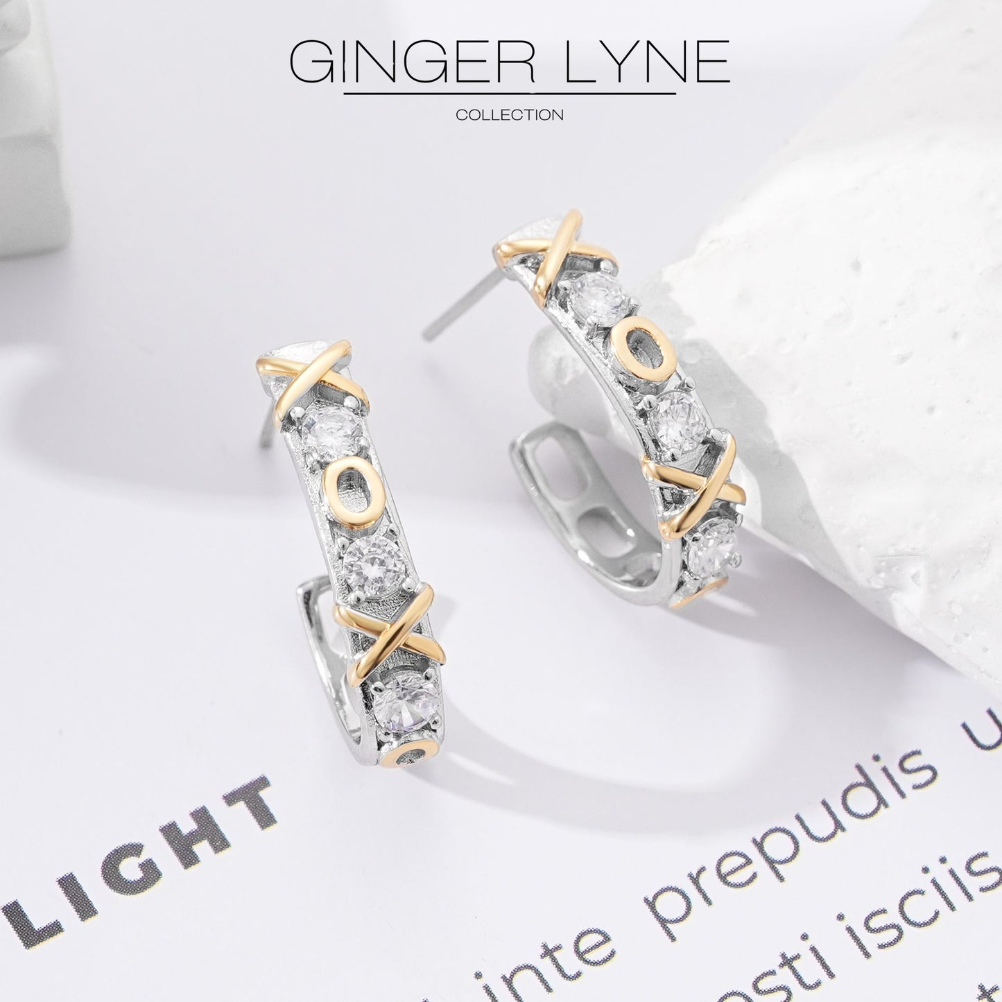 X'sandO'sHalfHoopEarringsforWomenTwoTownGoldPlatedCZGingerLyneCollection_Silver-3