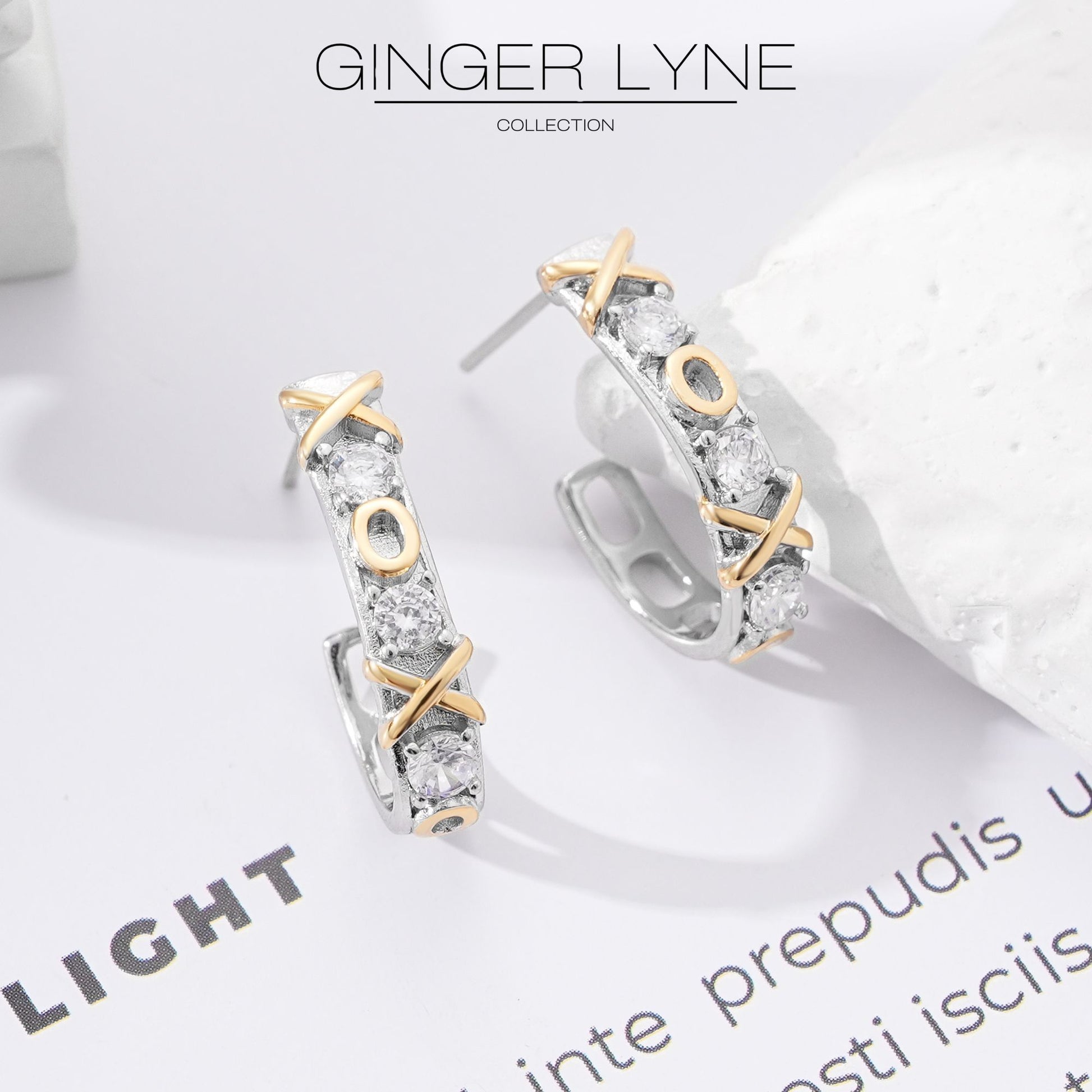 X'sandO'sHalfHoopEarringsforWomenTwoTownGoldPlatedCZGingerLyneCollection_Silver-3