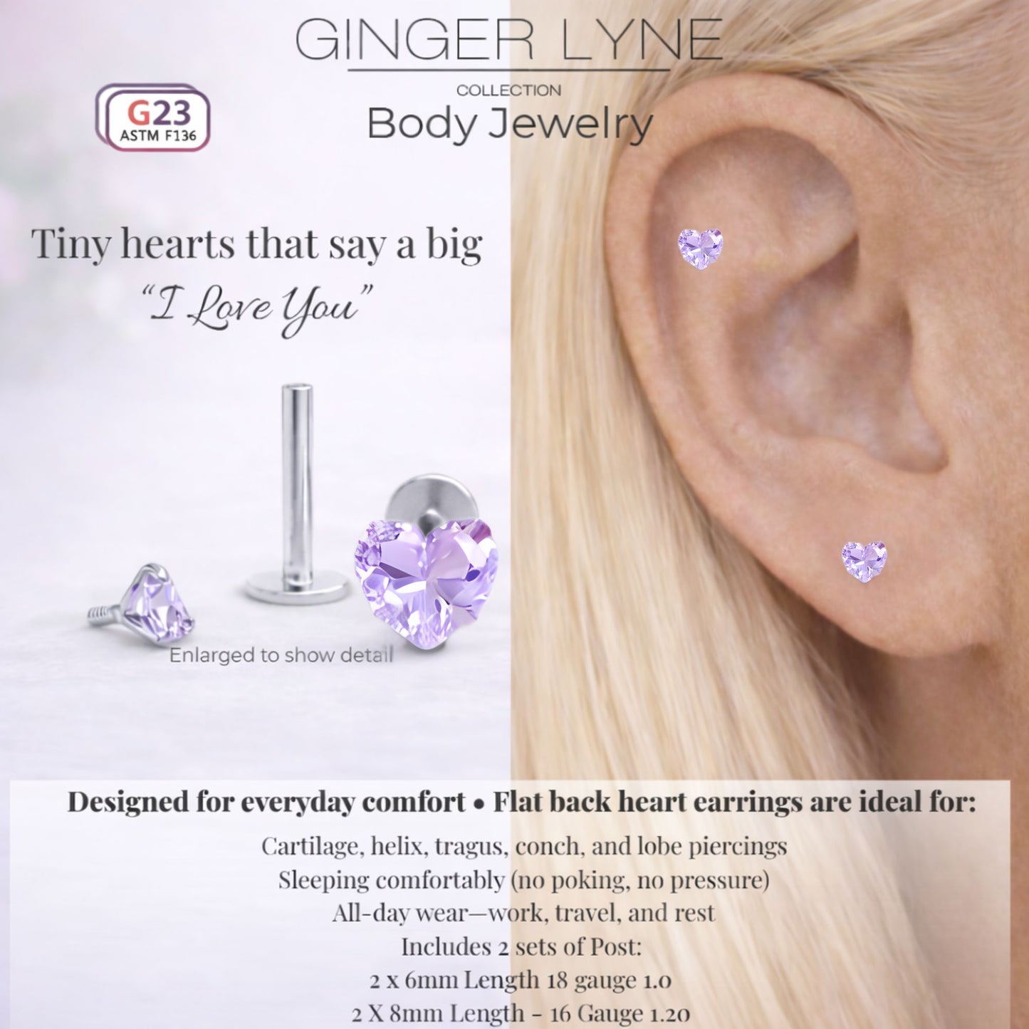 Small Heart CZ Solitaire Flat Back Stud Earrings Body Piercings by Ginger Lyne 2 Sets Post 6mm 8mm Included - 5mm-LtPurple