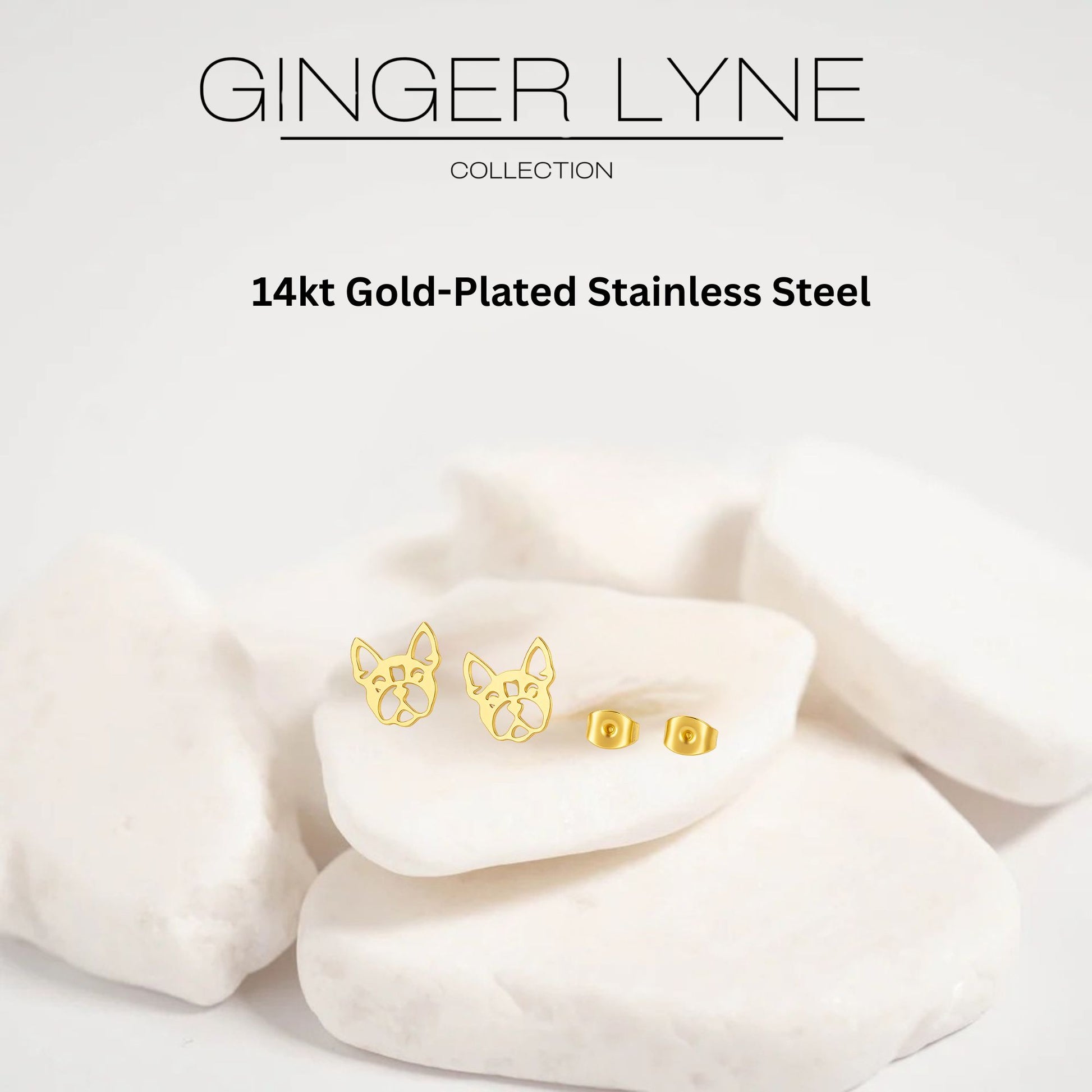 French Bulldog Dog Earrings for Women Frenchie Love Puppy 14KT Gold Plated Stainless Steel Stud Ginger Lyne - Gold
